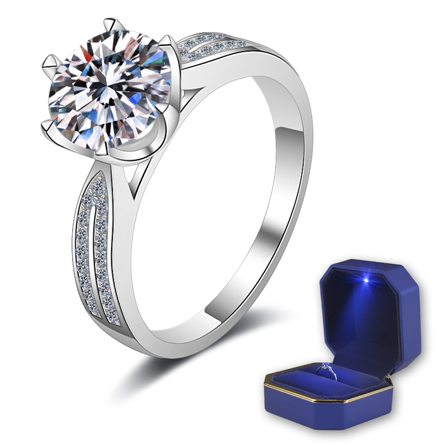 Sifity Wedding Gift Sterling Silver 2ct Moissanite Engagement Ring Custom Engrave Name 6-Prong Heart Arrows Cut D-E-F Color Solitaire Gemstone for Wife, Fiancée, Woman