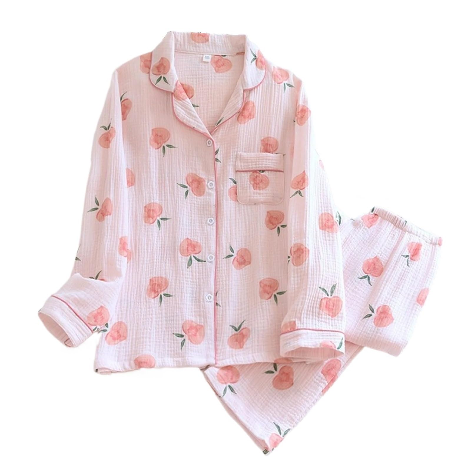 Amengj Women's Pink Nightwear Sets For Thin Pajamas Peach Print Cardigan Wear Set Pajamas Set(,Xl)