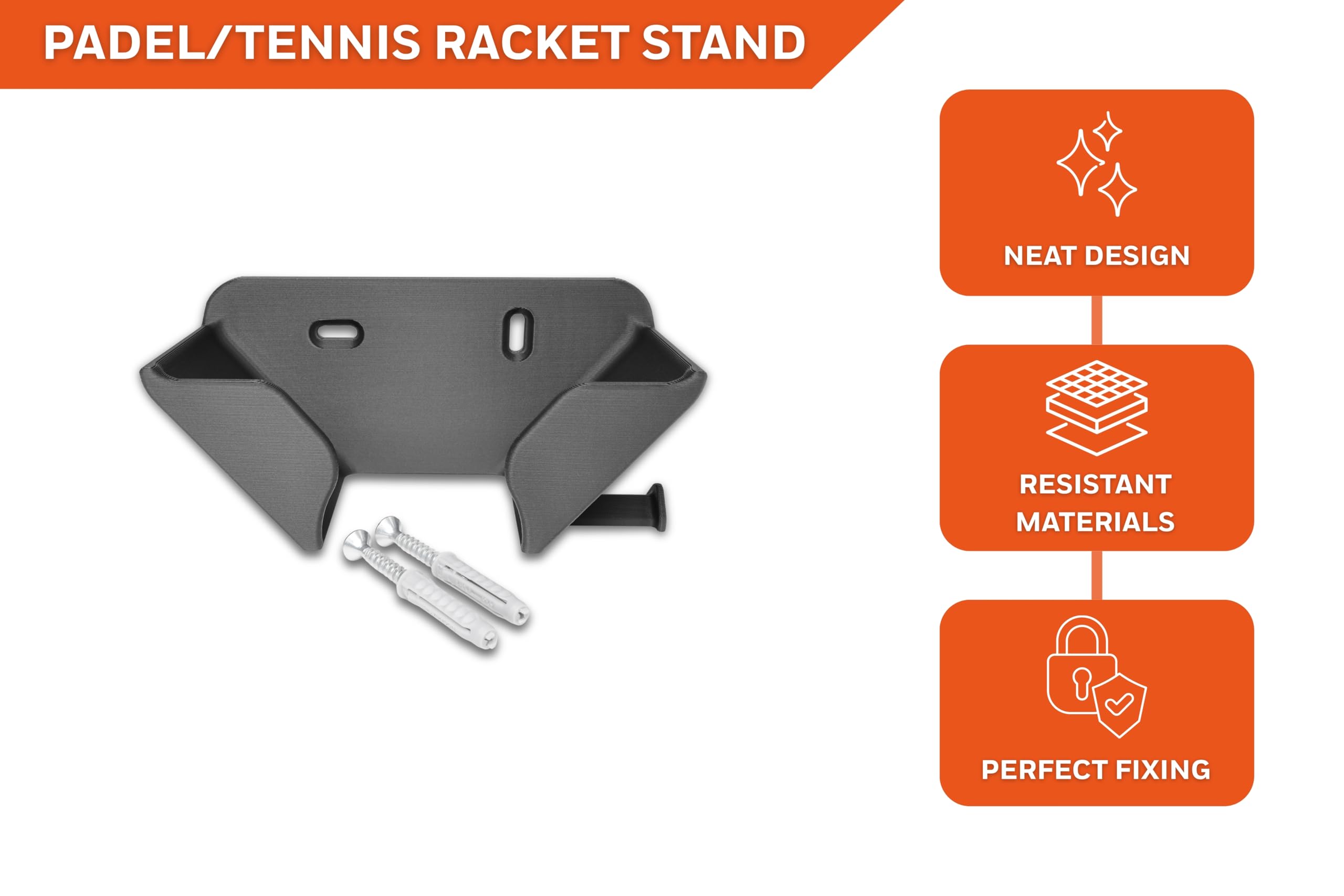 Support mural pour raquette de padel et tennis – Porte raquette murale confortable et anti-rayures – Convient à toutes les raquettes standard – Gain de place résistant avec vis et chevilles