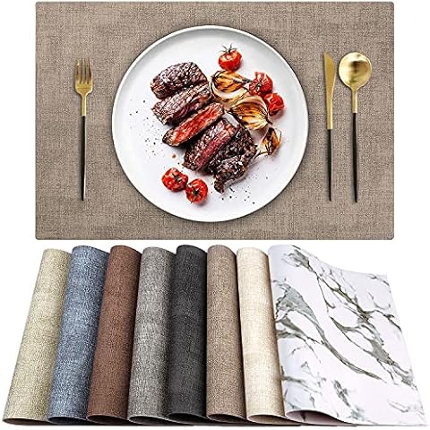 LANDVIEW Leather Heat Resistant Placemats Set of 6 Waterproof Wipeable Washable PU Table Mats,Easy to Clean Anti-Slip Place Mats (Light Brown, 6) Cover