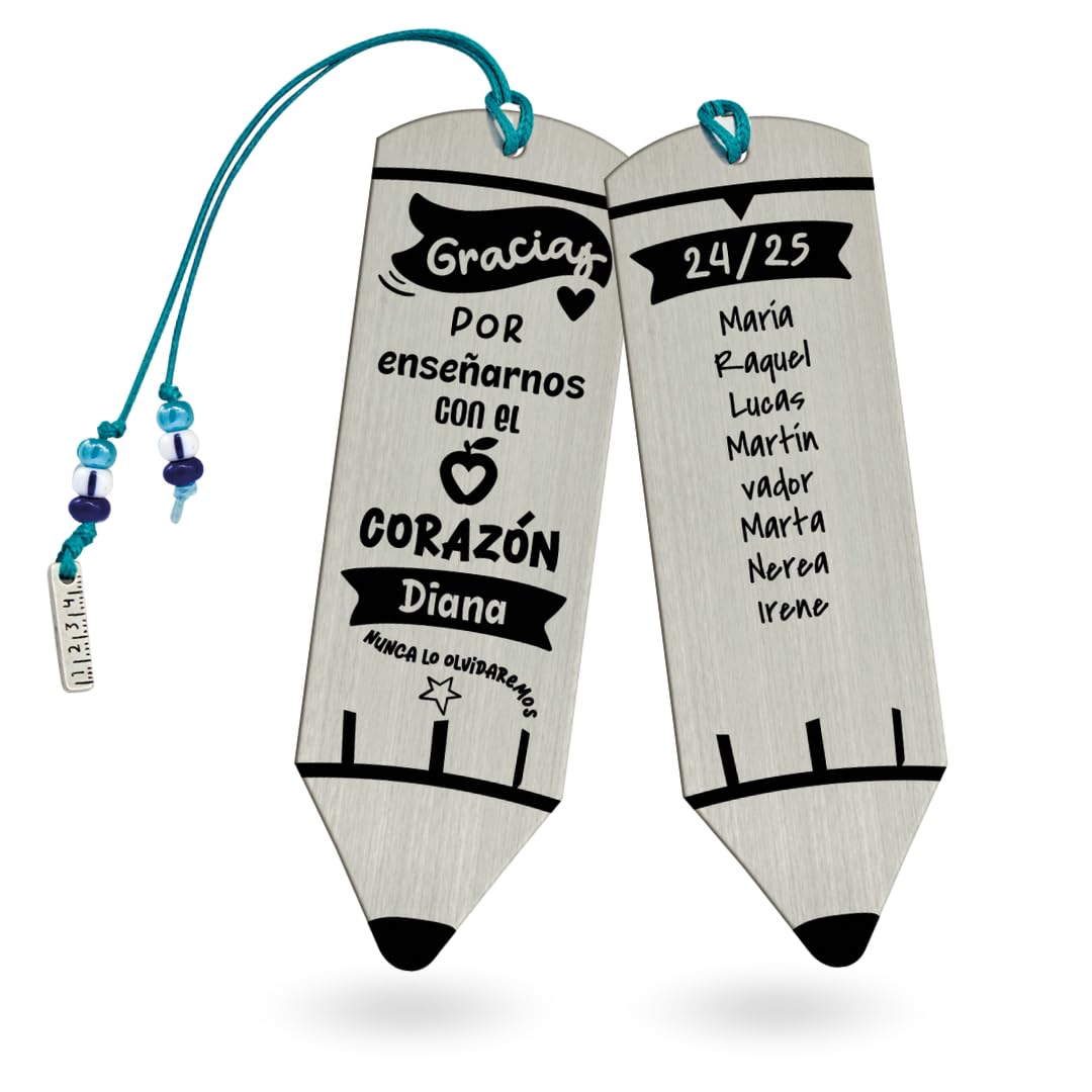 Marcapáginas Acero Inoxidable Personalizado a Dos Caras | Regalo Original | Punto de Libro con Nombres | Regalos Profes, Fin de Curso (Gracias por enseñarnos desde el corazón)