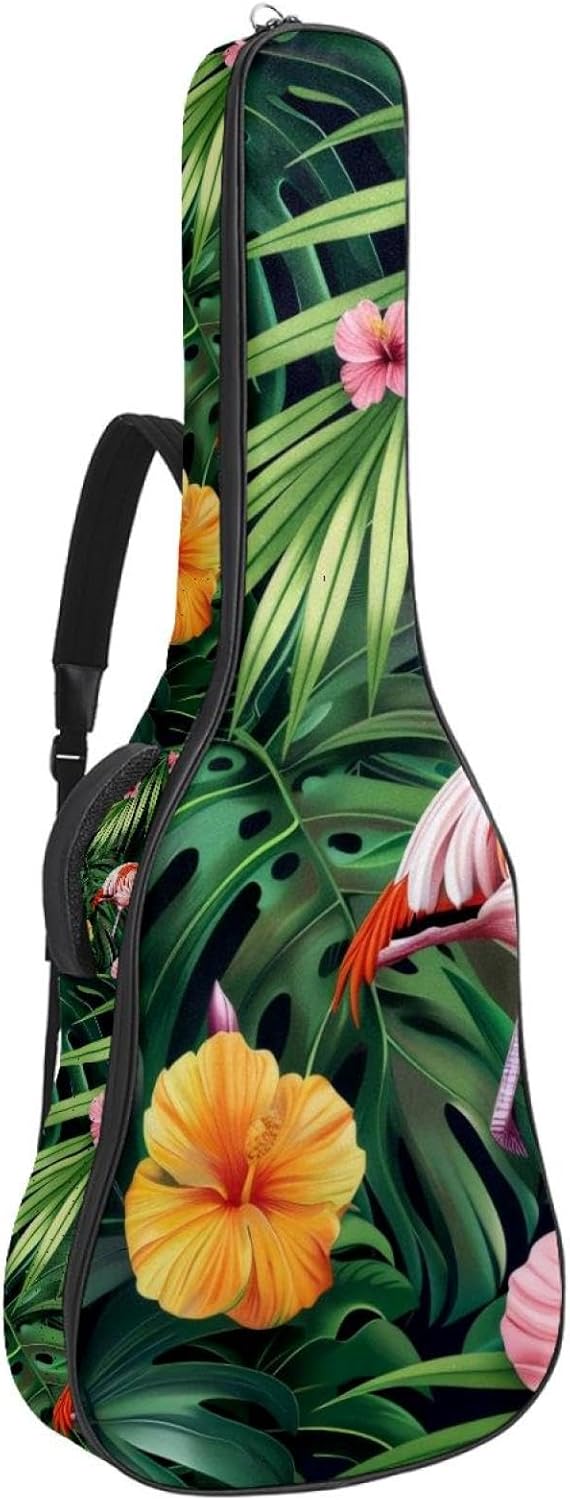 Acoustic Guitar Bag, 40 41 42 Inch Guitar Case Cover Soft Guitar Gig Bag for Acoustic Electric Bass Classical Guitar, Exotic Flowers Palm Leaves Flowers Pink Flamingos