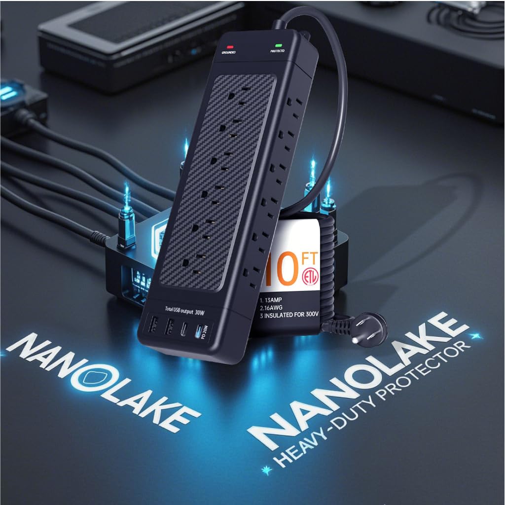 Surge Protector Power Strip 10 ft Cord Heavy Duty High Joules Surge Protection (4800J),18AC,4 USB Ports (2A+2C PD20W Total 37W),1875W 15A,for Commercial,Industrial,Office,Home,College,Black