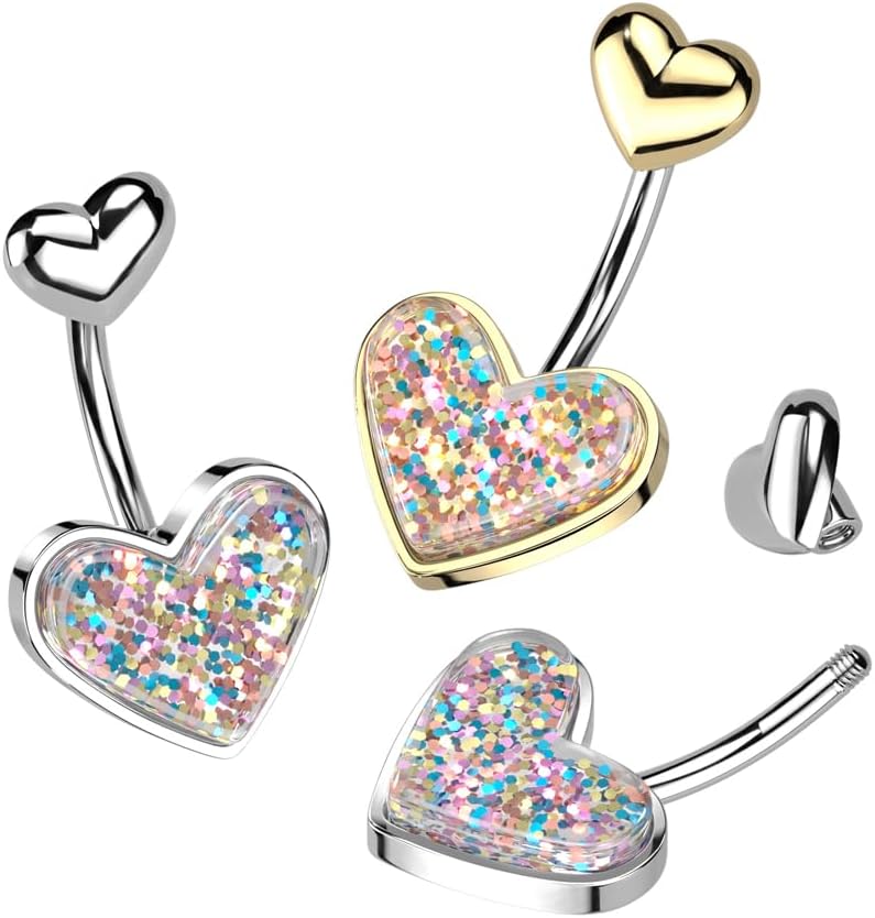 Pierced Owl 14GA 316L Stainless Steel Double Glitter Heart Belly Button Ring - Image 3