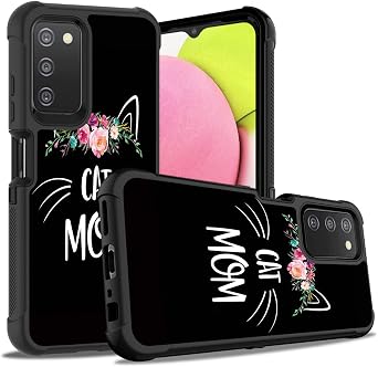 Galaxy A03S Phone Case, Heavy Duty 3 in 1 Hybrid Hard Plastic & Soft Silicone Shockproof Drop Protection Case for Samsung Galaxy A03S, Floral Cat Mom