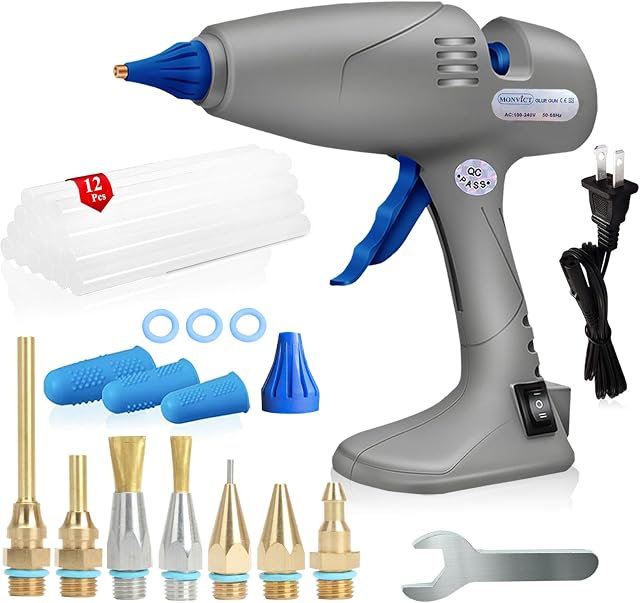 MONVICT Hot Melt Glue Gun with 7 Copper Nozzles, 3 Silicone Finger Covers, 12 Glue Sticks Dual Temperature Switching, Corded Detachable Cord Use Stand-Up Base Anti-drip for Art DIY Craft Repair | 3 Silicone Finger Covers, 12 Glue Sticks Dual Temperat
