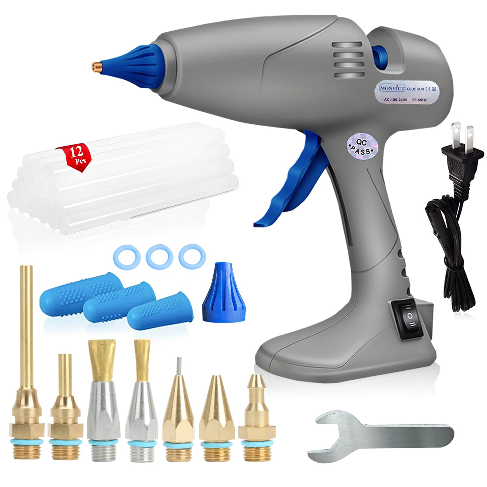 MONVICT Pistolet à colle thermofusible avec 7 buses en cuivre, 3 protège-doigts en silicone, 12 bâtons de colle double commutation de température, cordon amovible filaire utilisant une base debout