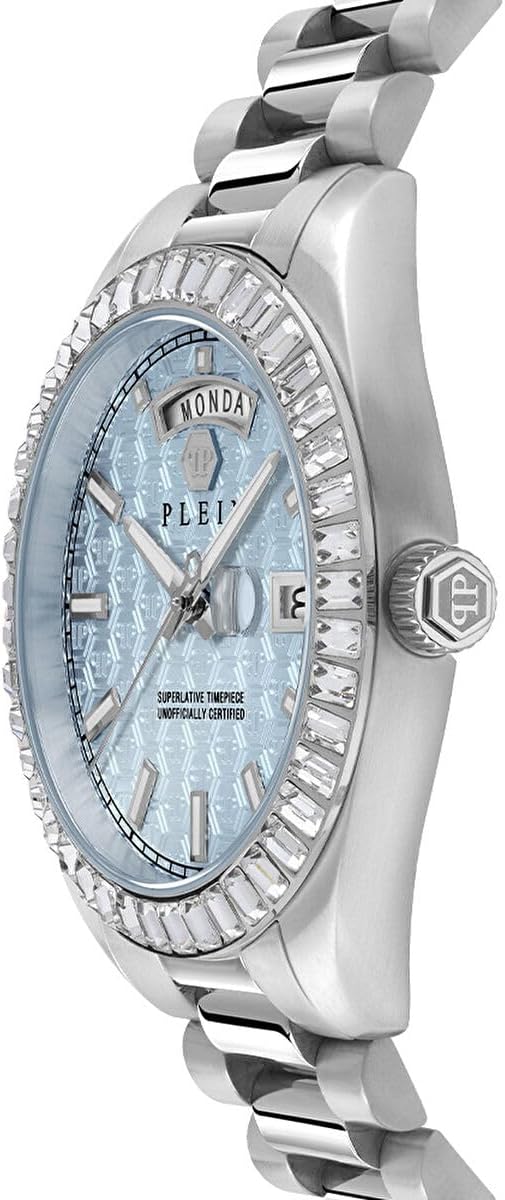 Philipp Plein Date Superlative Collection Luxury Mens Watch Timepieces with a Silver Bracelet Featuring a Stainless Steel Case and a Blue Dial