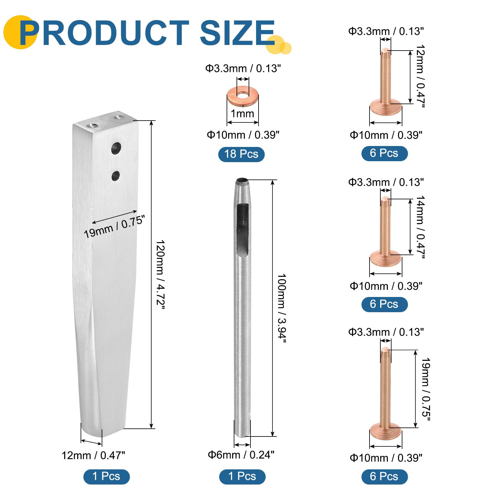 uxcell 18Set 3 Sizes Copper Rivets and Burrs Assortment Kit, Solid Leather Fastener with Burrs Setter and Rivet Fastener Install Setting Tool for Leather DIY Craft Supplies, Copper Tone