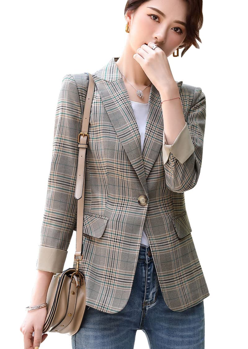 ebossy Womens Traditional Vintage 2-Button Notch Lapel Slim Fit Blazer Suits Houndstooth Plaid Jacket Coat