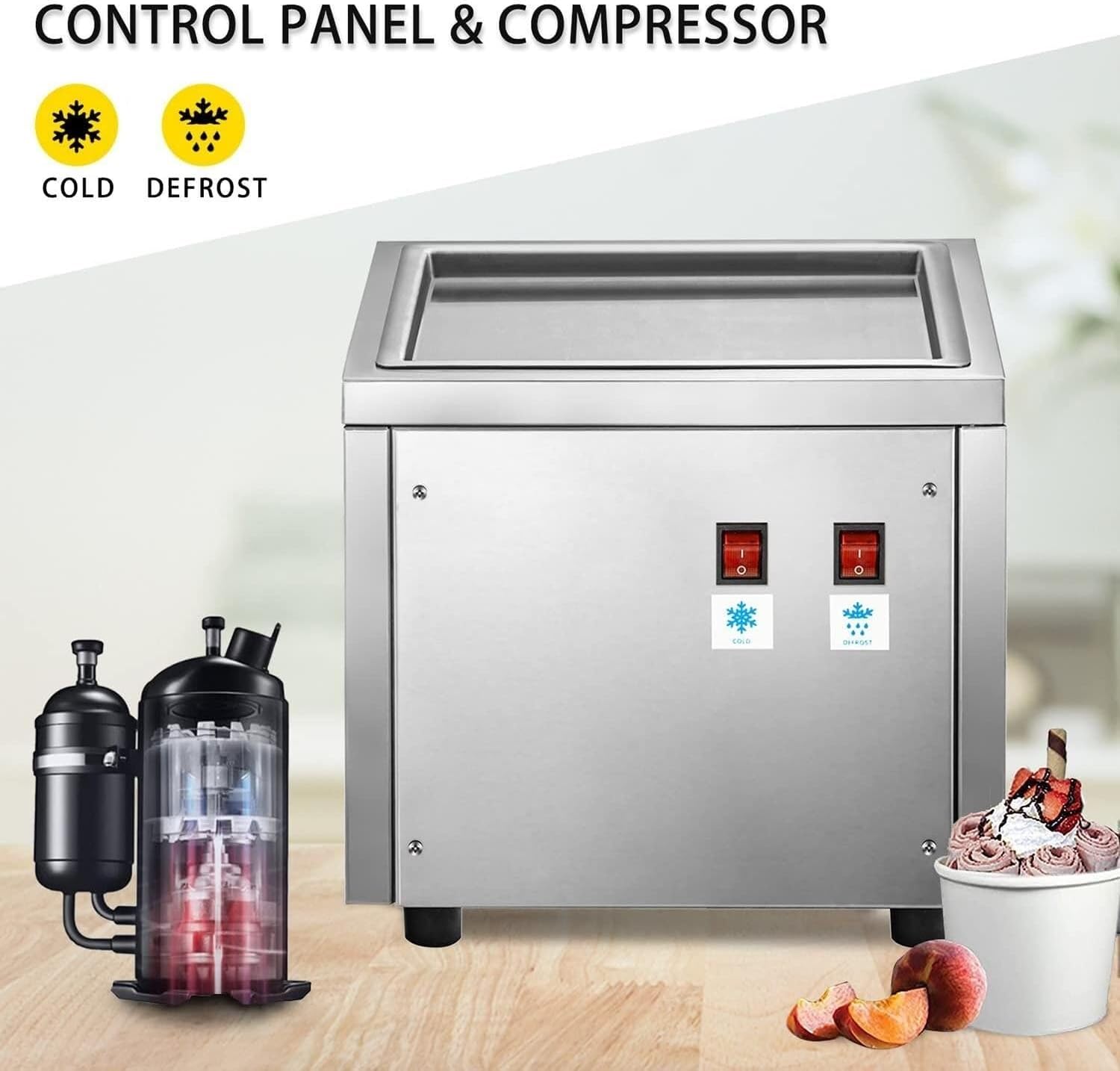 Ice Cream Maker, Fried Ice Cream Roll Machine, Stainless Steel Commercial Rolled Ice Cream Maker with 2 Scrapers, for Making Ice Cream