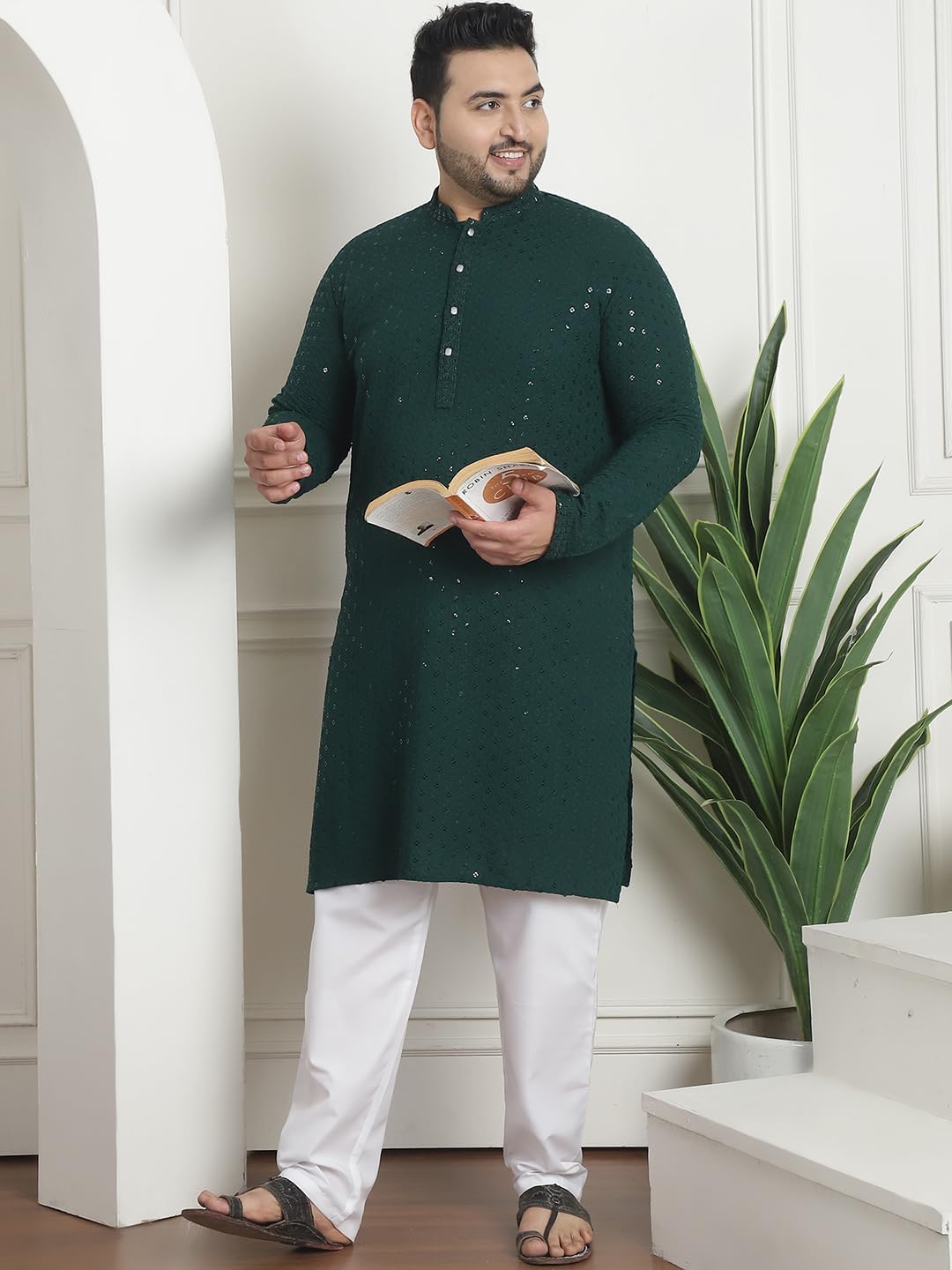 Sojanya Plus (Since 1958) Men's Cotton Sequins Embroidered Kurta with White Churidar Pyjama - Image 2