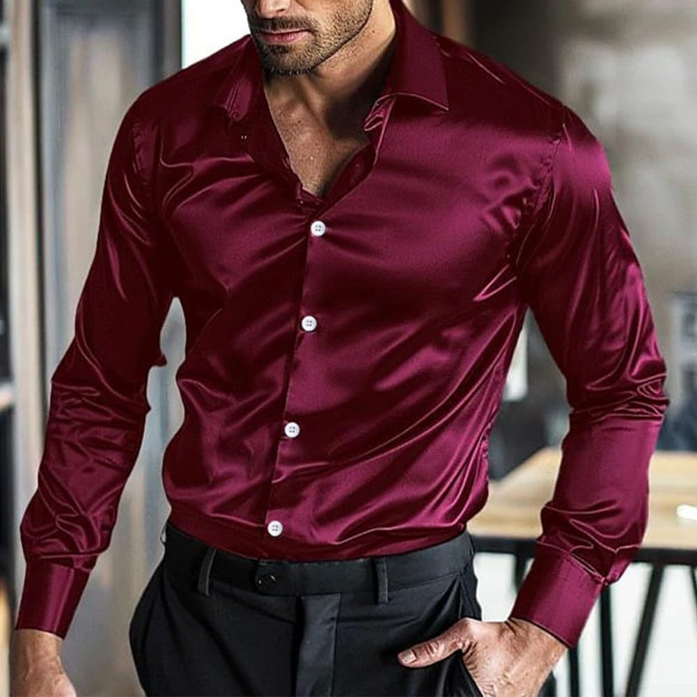 Chemise décontractée à manches longues en satin de soie pour homme - Pour soirées disco et mariages - Taille L - Rouge vin