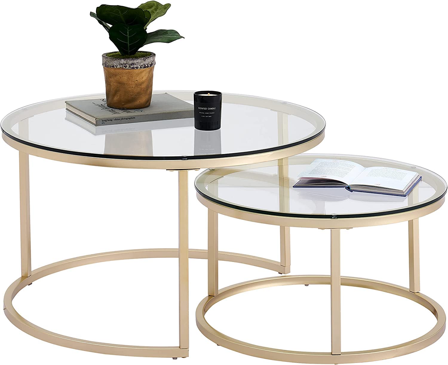 Conjunto de 2 Mesas de Centro Redondas, Mesas de Centro, Grande: 60 x 60 x 45 cm; Pequeña: 40 x 40 x 35 cm, Mesa Auxiliar Redonda, Tapa de Mesa de Vidrio Templado, Dorado Y Vidrio