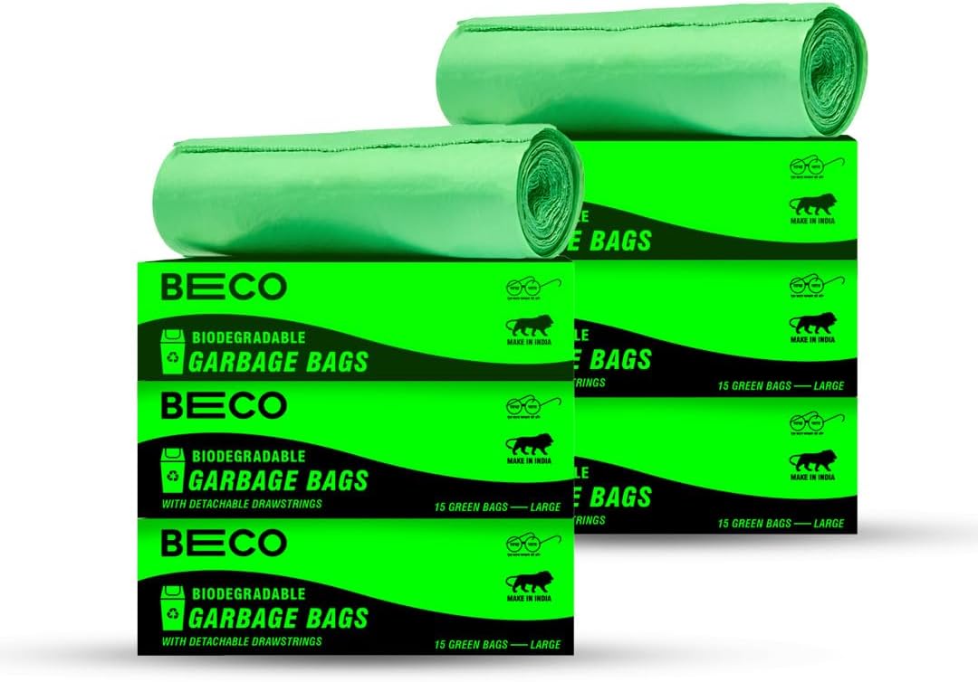 Eco-Friendly Garbage Bags | 90 Pcs | Large- 24 x 32 Inches | 15 Bags x 6 Rolls | Green | Dustbin/Trash Bags with Detachable Drawstrings | For Dry & Wet waste