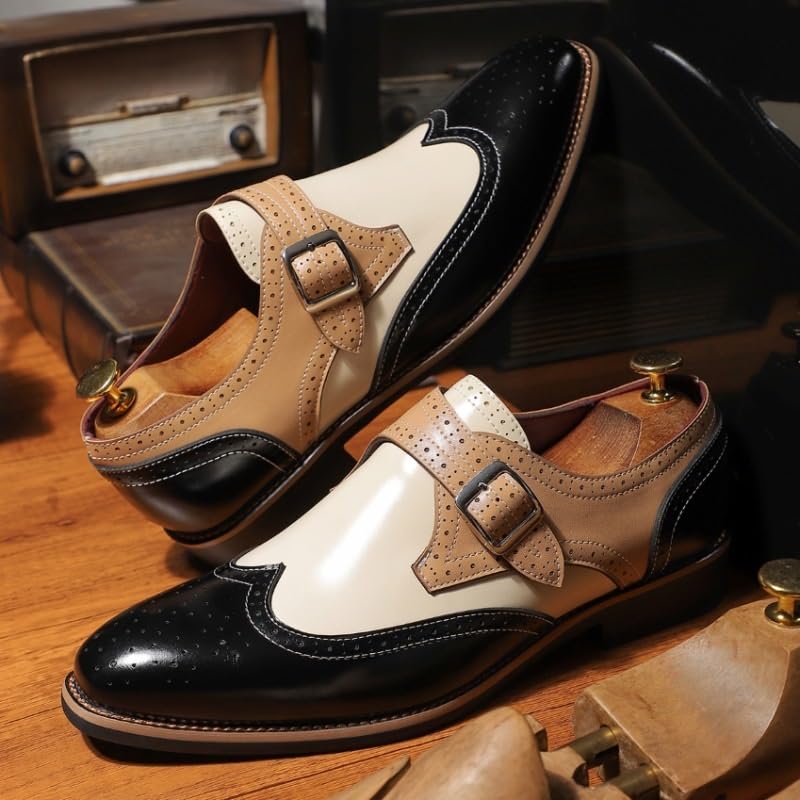 Mens Two Tone Monk Brogue Dress Formal Shoes Comfort Orthopedic Office Slip On Genuine Leather Slip Resistant Block Heel Anti-Slip Rubber Sole Shoe for Casual Wedding Party Prom Plain Toe2