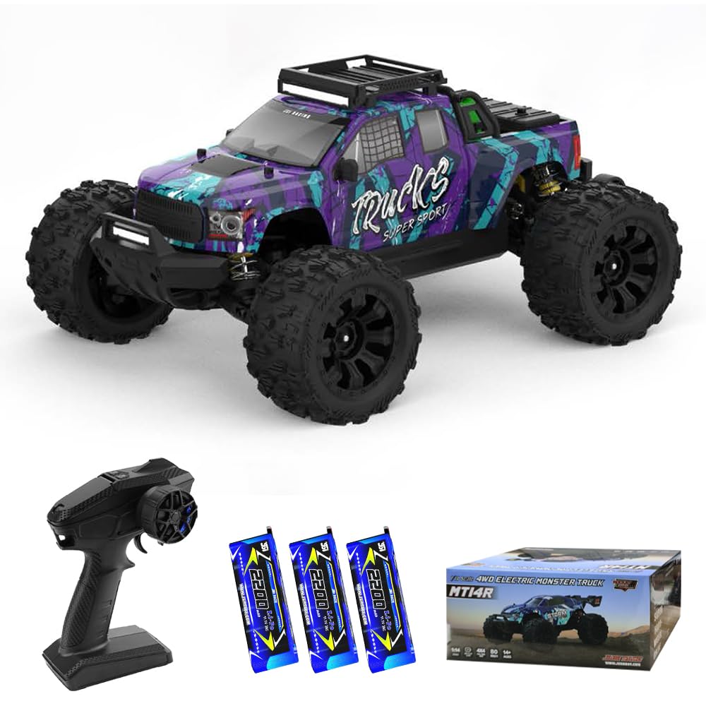 Zdalnie sterowany samochód dla dorosłych, 1/14, maksymalna prędkość 100 km/h, bezszczotkowy silnik 3S RC, wysoka prędkość, Offroad Drift, 4WD Off Road Race Buggy, 3 baterie (fioletowy)