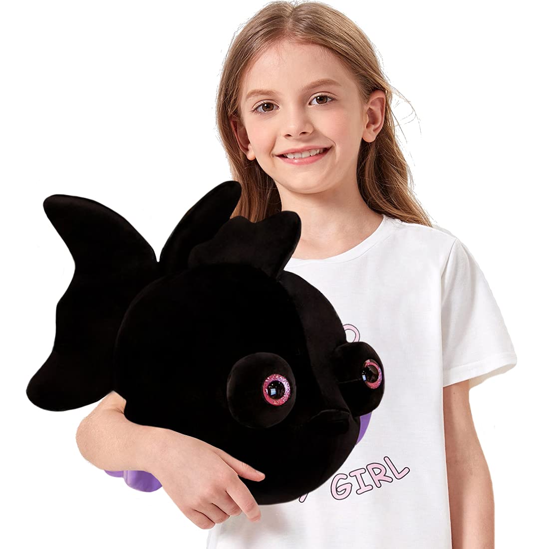ELAINREN Cuddly Black Goldfish Stuffed Pillow Fluffy Bubble Fish Plush Toy Cushion Decor Gifts/13.8''