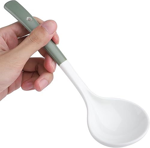 Vista 19 de Juego de 2 cucharones de cerámica con cucharón grande para sopa con espumadera, cucharones ranurados, cucharones de cocina, cucharas coladoras