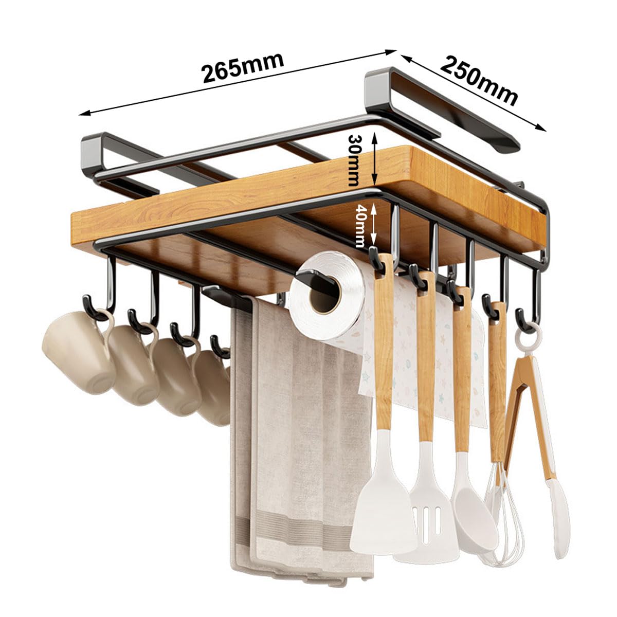 Cesta de almacenamiento de metal para colgar debajo del estante para cocina con soporte para tabla de cortar, soporte para rollo y ganchos, estante para armario que ahorra espacio, solución de