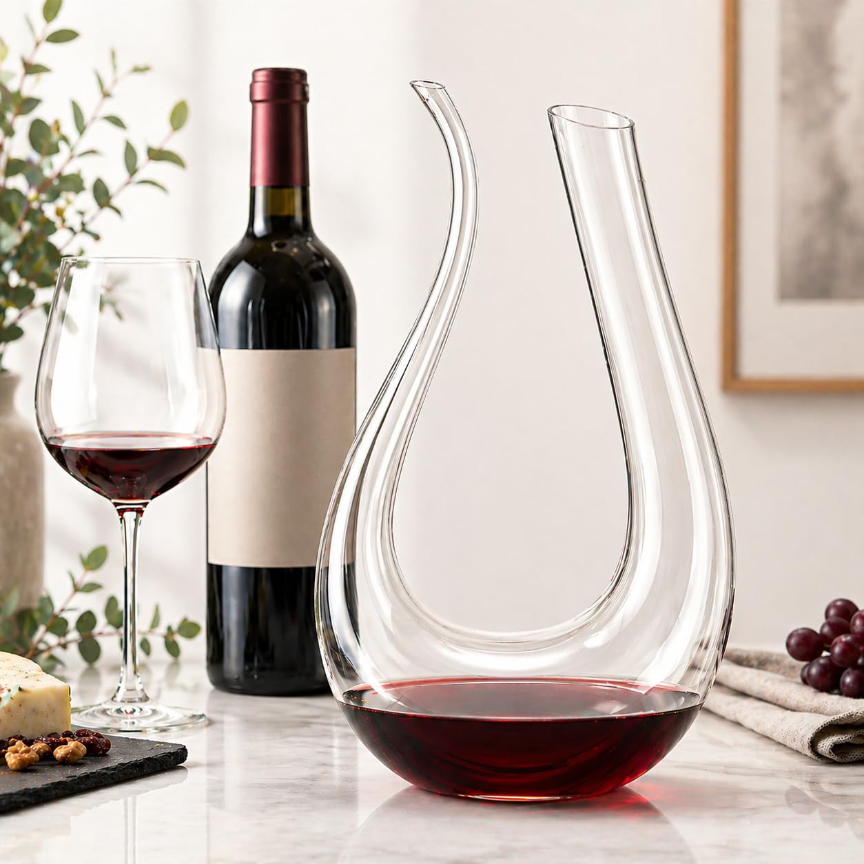 Decanter per vino in cristallo a forma di U, 100% privo di piombo, caraffa per vino rosso soffiata a mano, capacità 1,5 L
