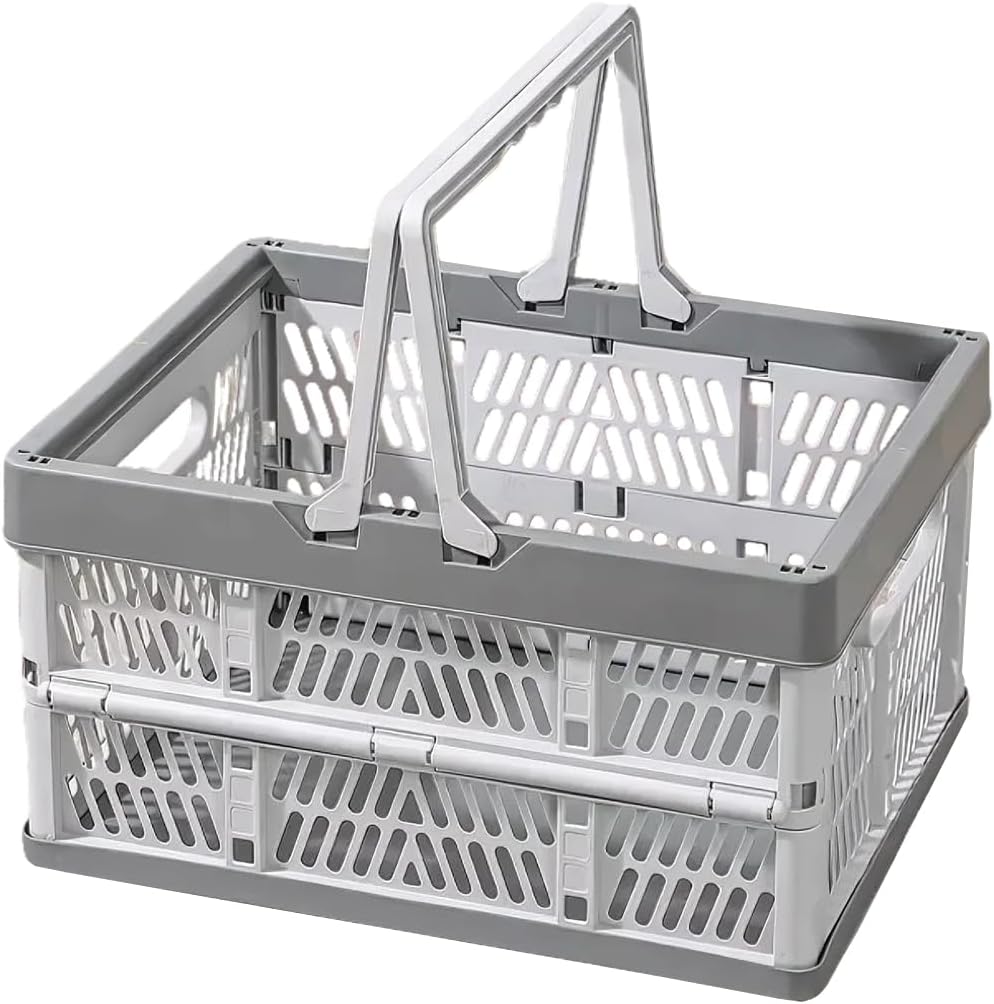 Collapsible Storage Crate with Handles, Milk Crates，33L Foldable Plastic Shopping Basket, Organizer Container for Car Home Pinic (Light gray, Large)