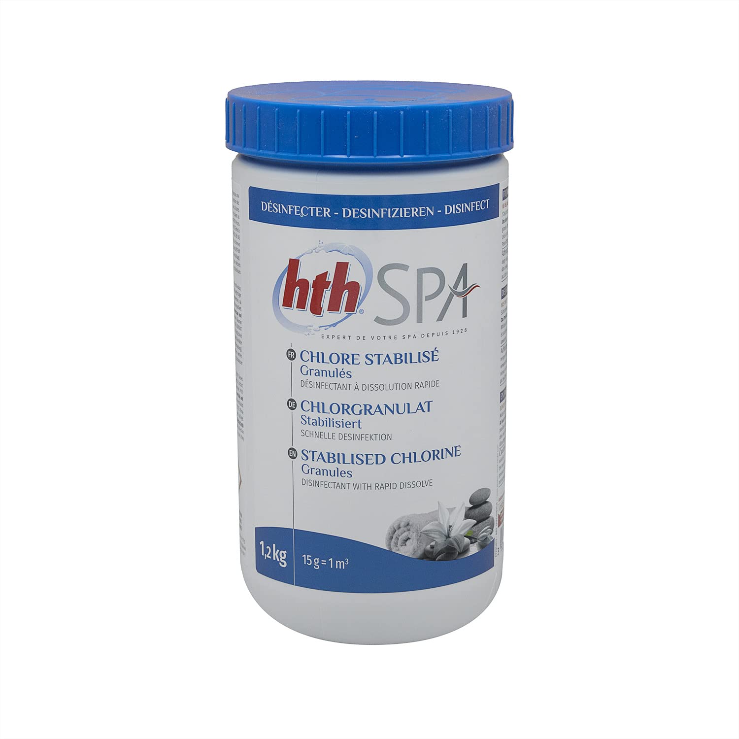 HTH Spa Chlore STABILISE Granulés - 1,2kg | Chlore Choc Stabilisé - Désinfection Choc - Dissolution Rapide + 10 Tests HPS OFFERTS 6 en 1