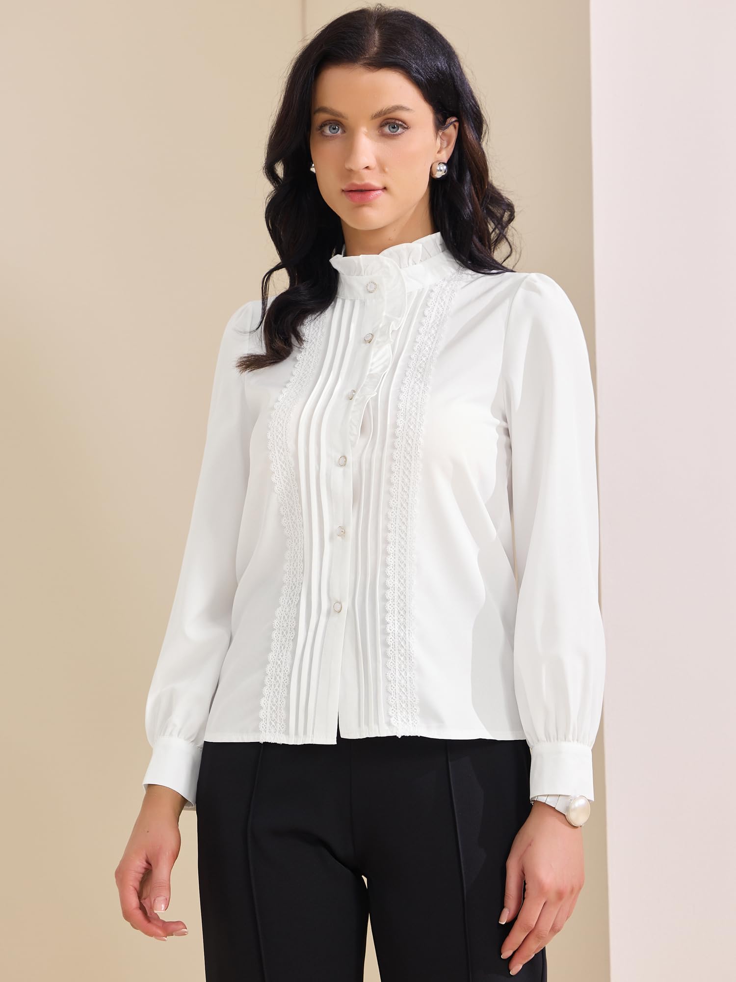 Allegra K Damen Retro Rüschen Button Down Shirts Casual Langarm Bluse Elegant Arbeit Tops