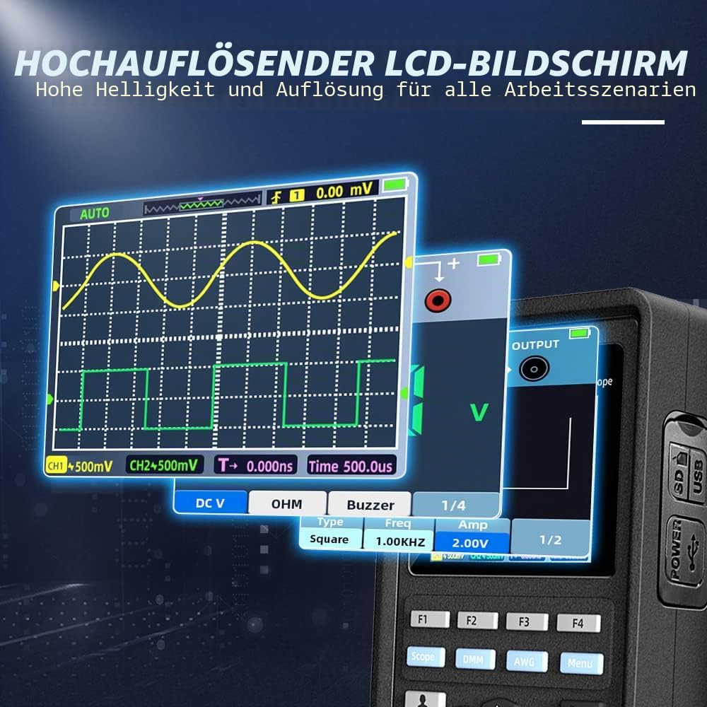 Hantek 2D72 Oszilloskop 3 in 1 Funktion 70MHz Bandbreite Zweikanal-Oszillograph mit Digital Multimeter Arbiträrer Wellenformgenerator für Mehrfachtester