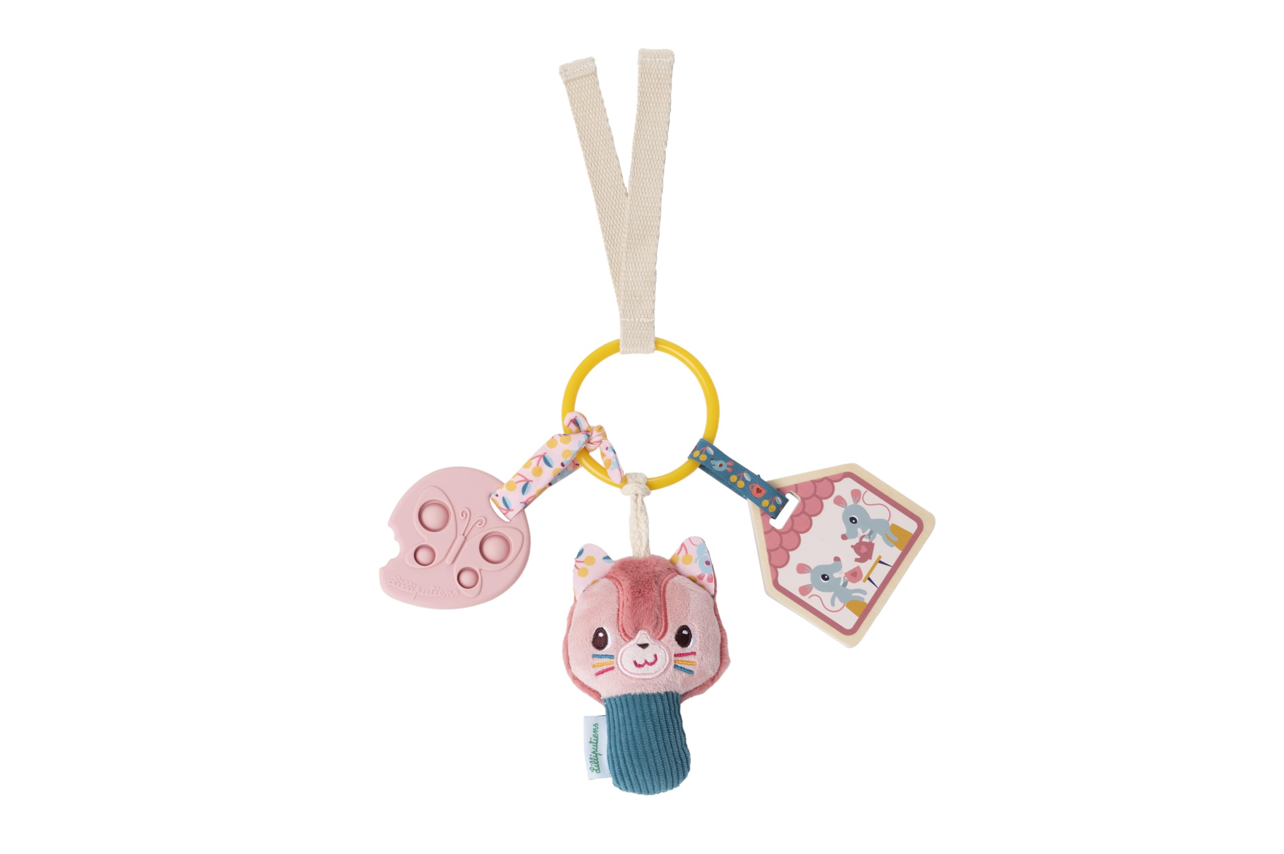 Lilliputiens, Jeanne the Cat Baby Activity Rattle, with Silicone Teething Ring, Mirror and Rattle, Key Ring Shape, 25 x 20 cm