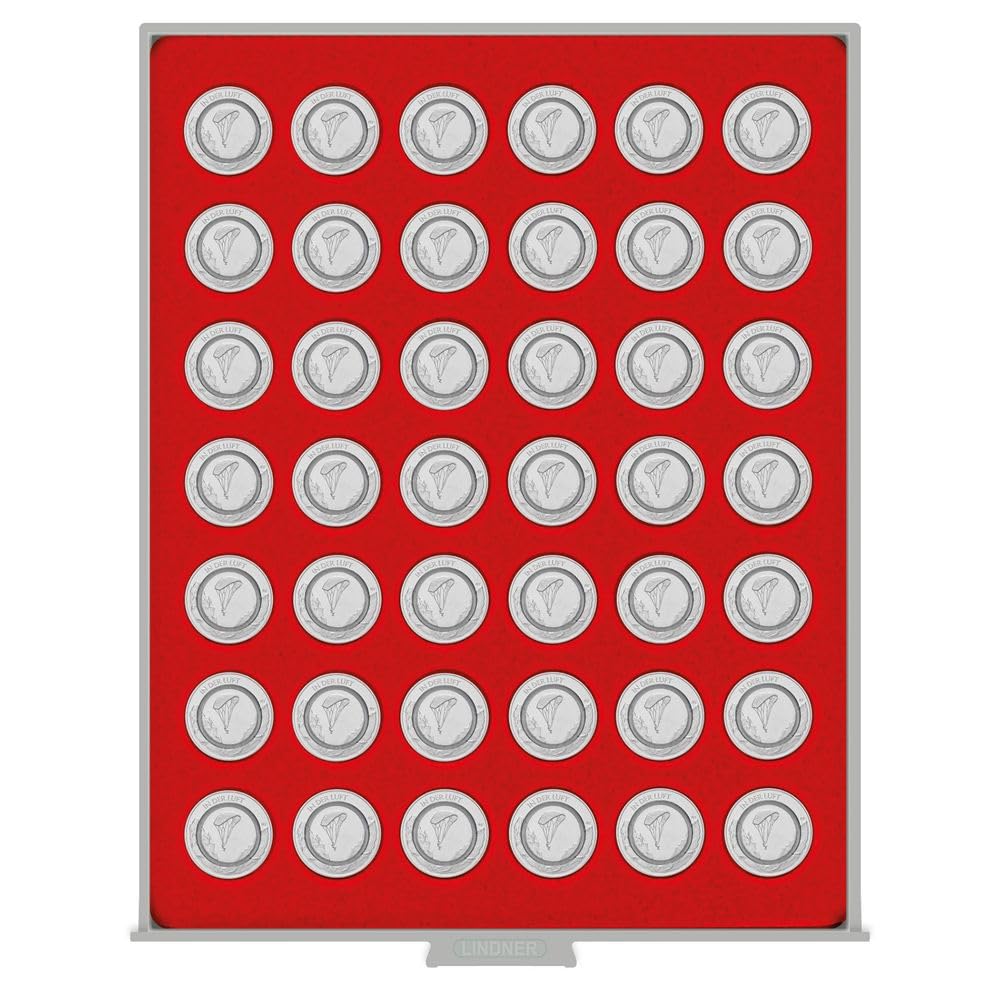 LINDNER Das Original Standardowy pojemnik na monety z 42 okrągłymi wgłębieniami na monety o średnicy Ø 29,5 mm, np. na niemieckie monety kolekcjonerskie 10 EUR z pierścieniem polimerowym
