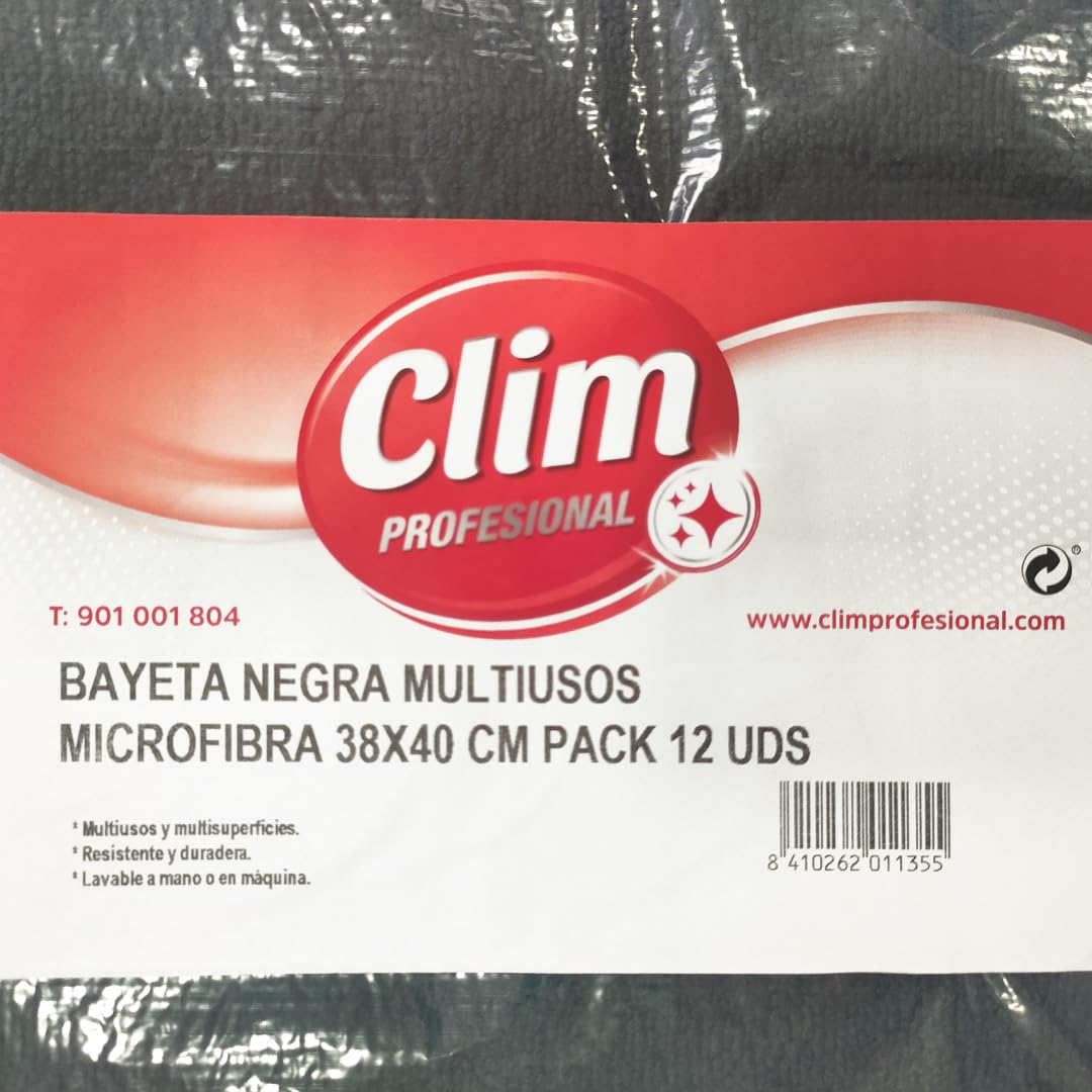 Clim Profesional Lot de 12 Chiffons en Microfibre Multi-usages | Résistant et Durable de Couleur Noire | Lot de 12 Chiffons Extra Larges 38 x 40 cm | Réutilisables et lavables