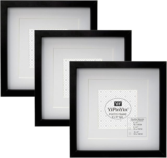 8 X 8 ''(20 x 20cm) Square Black Photo Frames Set Of 3 with double mounts for 6×6"& 4x4, 6 x 6'' (15 x 15cm ) Picture Frames 3 Pack, 4 x 4''photo frames With Glass Window For Wallmounted & DeskTop