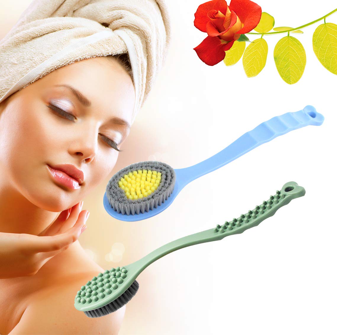 QiCheng&LYS Cepillo de baño con mango largo, cepillo de masaje corporal de mano para ducha y espalda, 14 pulgadas (azul)