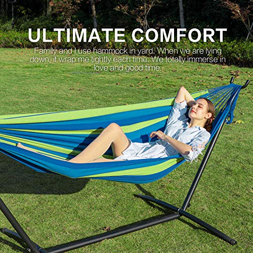 Image of PNAEUT Double Hammocks with Stand for Outside, Portable Space Saving Heavy-Duty Steel Stand for Indoor Outdoor Patio with Sidebag, 450 lbs Capacity (Blue)