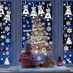Lifelf Weihnachten Aufkleber Sticker, Weihnachtsdekoration Fensterdeko mit typischen Motiven, Schneeflocke Tannenbaum Rentier, Fensteraufkleber für Zuhause Tür Vitrinen Schaufenster