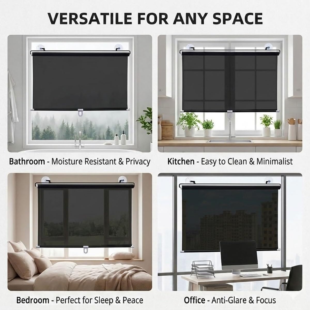 Store de Fenêtre occultant à Ventouse, Store Enrouleur PVC Noir, Stores Temporaires Portables sans Perçage, Rideaux occultants Ajustables pour fenêtres et Portes