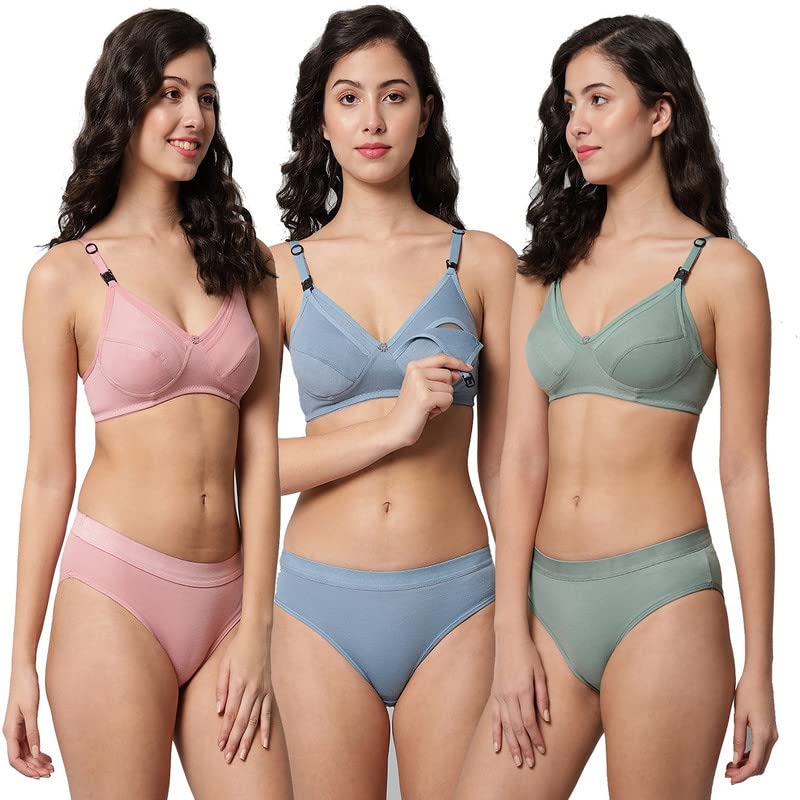 Women's Cotton Non Padded Wire Free Maternity Breastfeeding Nursing Mother Bra Panty Lingerie Set Honeymoon Bikni Set Combo Pack of 3-image-38
