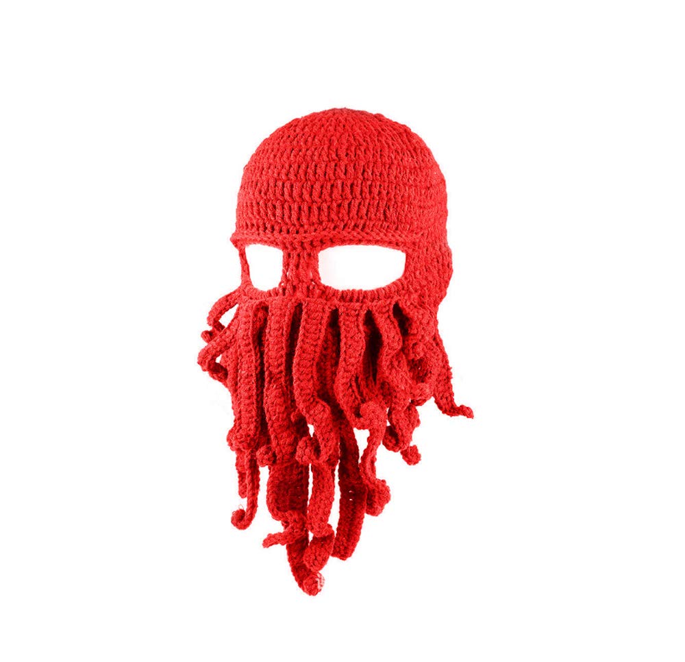 Yonii Unisex Red Tentacle Octopus Cthulhu Knit Beanie Windproof Beard Ski Mask Hat (Red)