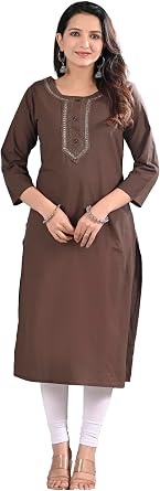 Ramkudi Womens Plain Cotton Kurti Top | Straight Fit Round Neck Kurta | 3/4 Sleeves Tunic Top | Casual Indian Kurti for Women