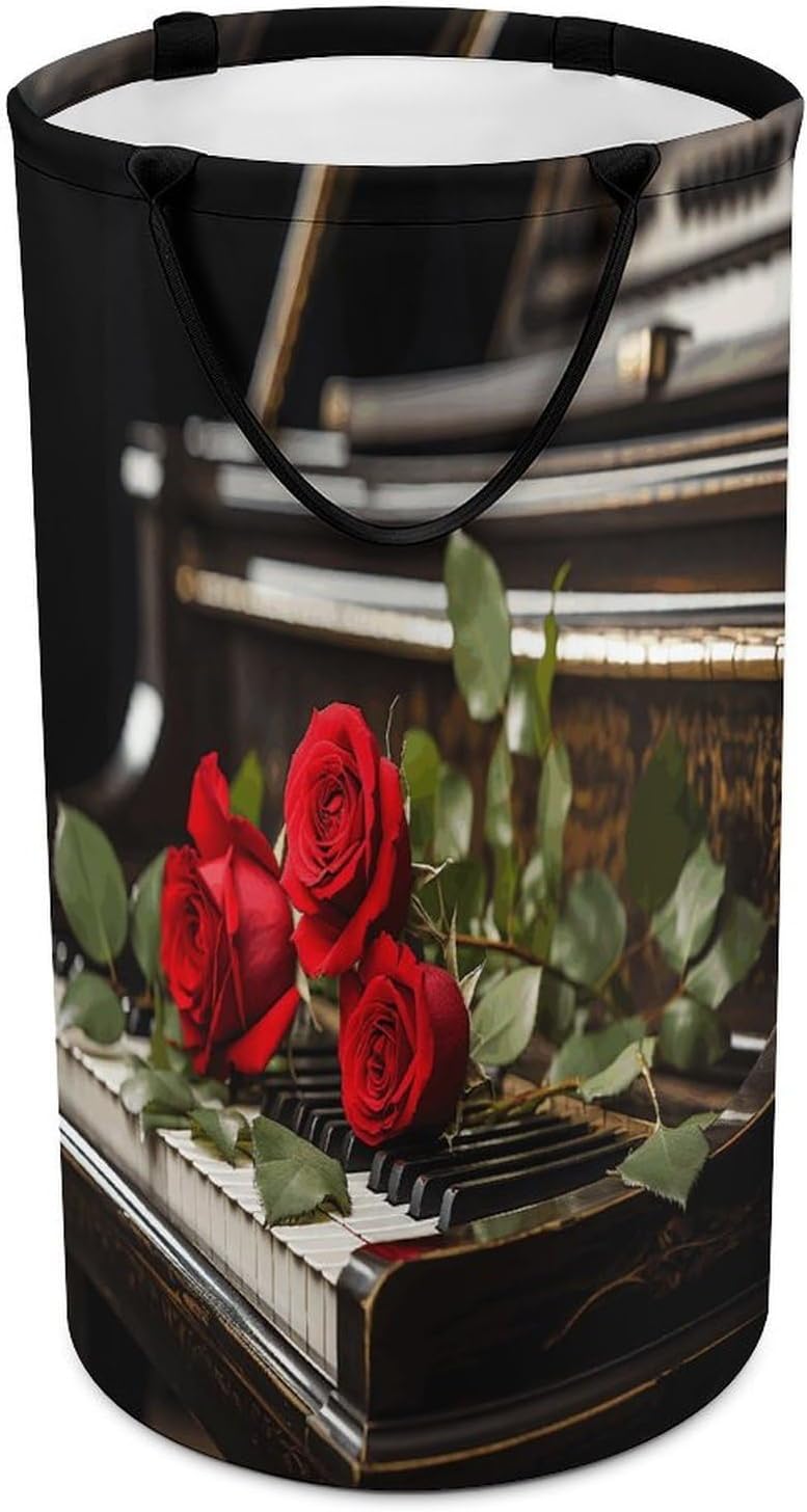 Red Rose on PianoLaundry Hamper Storage Basket | Large Dirty Clothes Bag for Easy Carry Handles,Large Clothes Basket with Handles,Organizer for Bathroom Bedroom