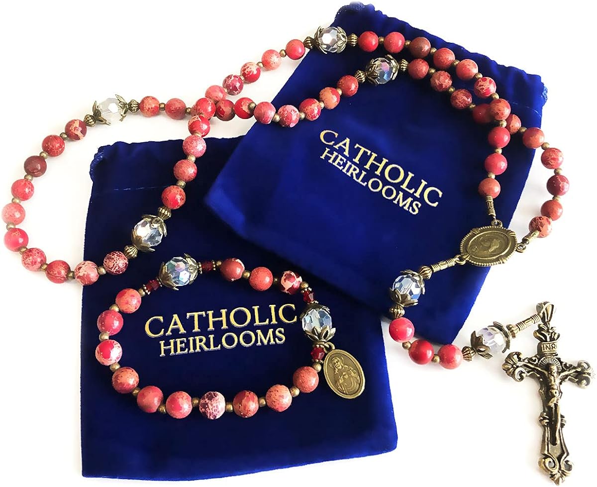 Miniatura 3 de Juego de rosario y pulsera de piedra y cristal Sagrado Corazón de Jesús en caja - Rosario Católico - Rosarios Catolicos - Regalos Católicos -