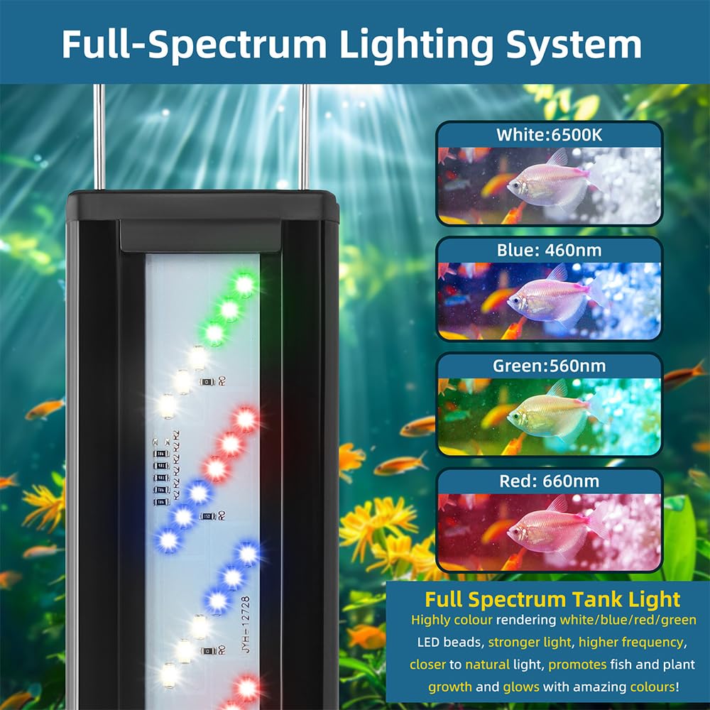 LED Aquarium Light Full Spectrum Fish Tank Light with Dimmer White Blue Red Green LEDs Fish Tank Light with Three Lighting Modes and Extendable Bracket for 8 Inch to 12 Inch Aquarium
