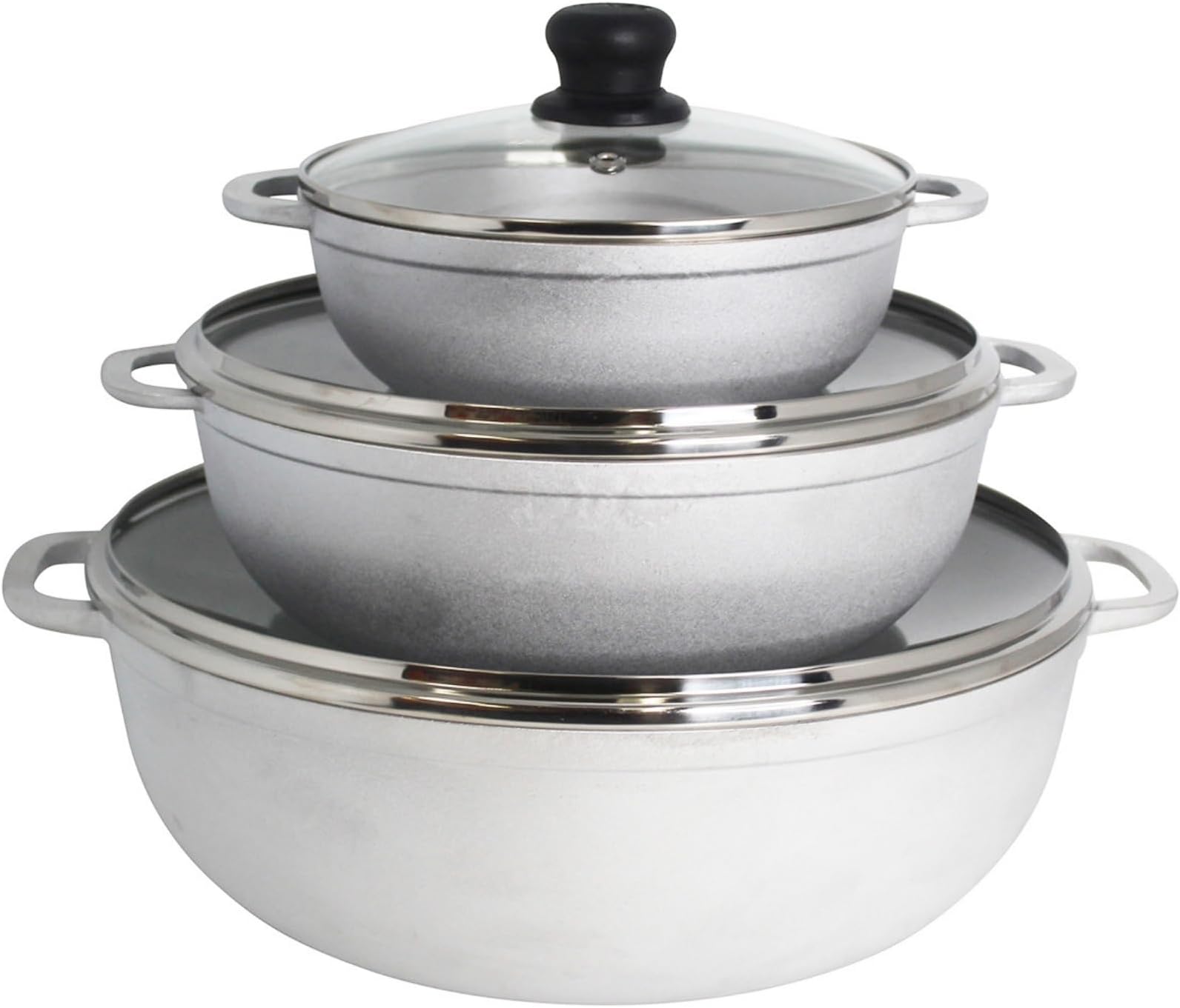 IMUSA Natural Traditional Caldero 3 Piece Set Colombia with Glass Lid & Steam Vent (1.4/3.4/6.6), Quart, Silver (Dutch Oven Set)