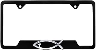 Elektroplate – Chrome Christian Fish Ichthys with Cross on Black All-Metal Open Corners Premium 3D License Plate Frame Tag Holder for Cars/SUVs/Trucks Weather-Proof Automotive Accessory