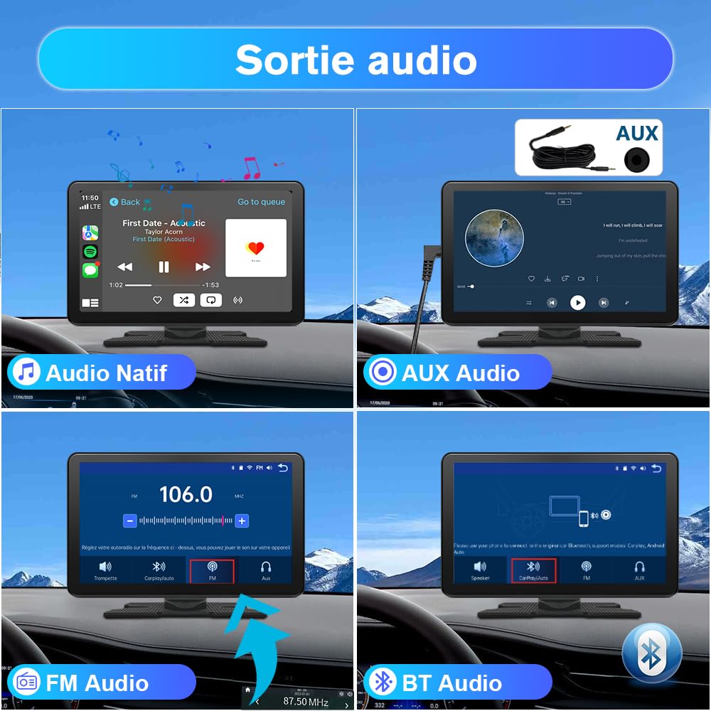 Écran Tactile 9" CarPlay & Android Auto sans Fil avec Dashcam 4K + Caméra Arrière, GPS, Bluetooth, FM, AUX, Lien Miroir, Carte TF 64G