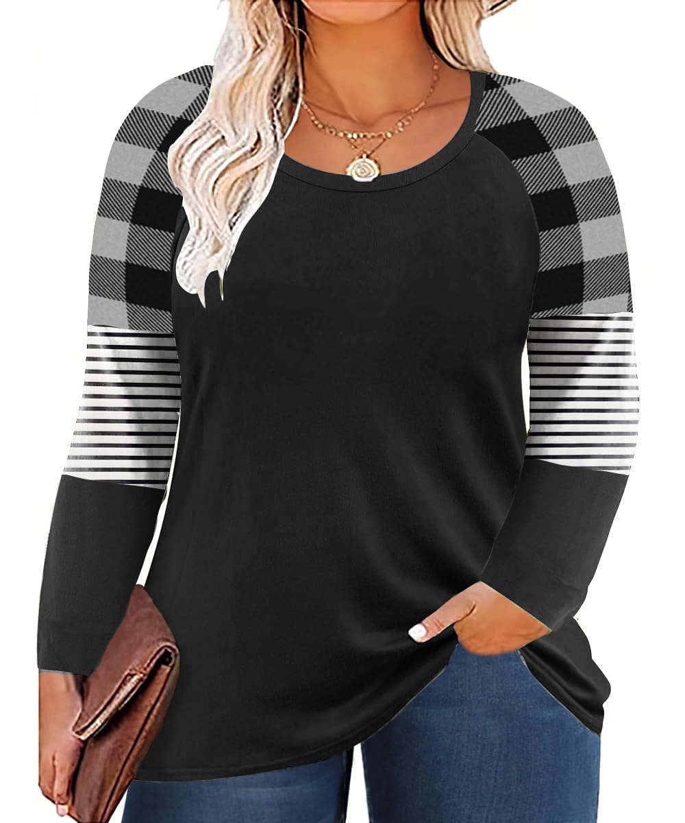 ForHailey Women's Plus Size Tops Long Sleeve Crewneck Tops Colorblock Loose Fit Cute Ladies Tee Shirts