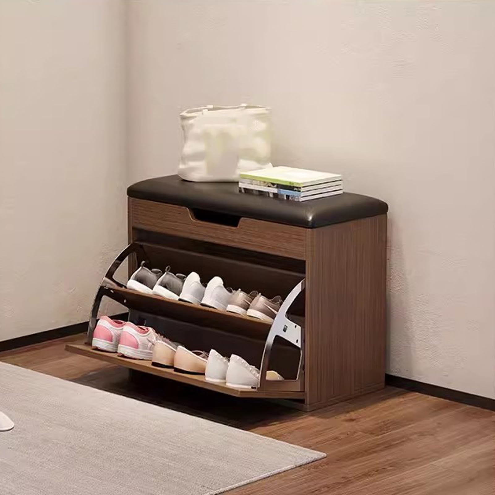 Banc porte-chaussures rembourré en faux cuir avec rangement caché pour entrée