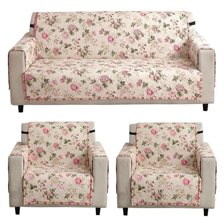 3+1+1 Seater Quilted Sofa Cover Fully Covered with arm Rest Cover with Pocket |Quilted Printed Sofa Cover with Pockets (Beige Peonies)-image-20