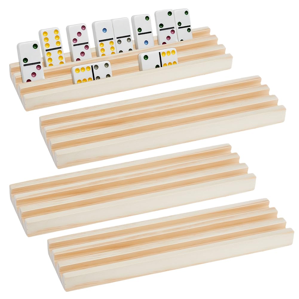 DICOSMETIC 4Pcs Pine Wood Domino Holders Mexican Train Dominoes Trays 25.6x6.9x1.8cm Domino Tiles Holders for Mexican Train Rummy Chickenfoot, Dominoes NOT Included